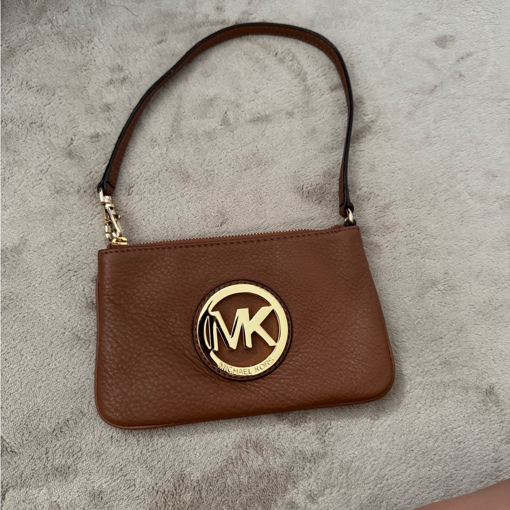 Michael Kors Brown Wristlet with Gold Logo